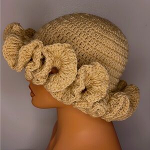 Elegant Tan Crochet Hat with Ruffle Design